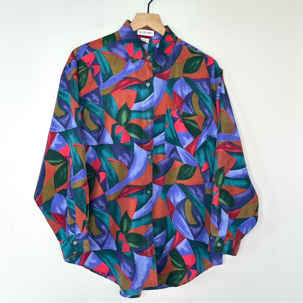 Vintage  80's 90's Kikomo Silk 100% Button-Up Blouse Sz M Colorful